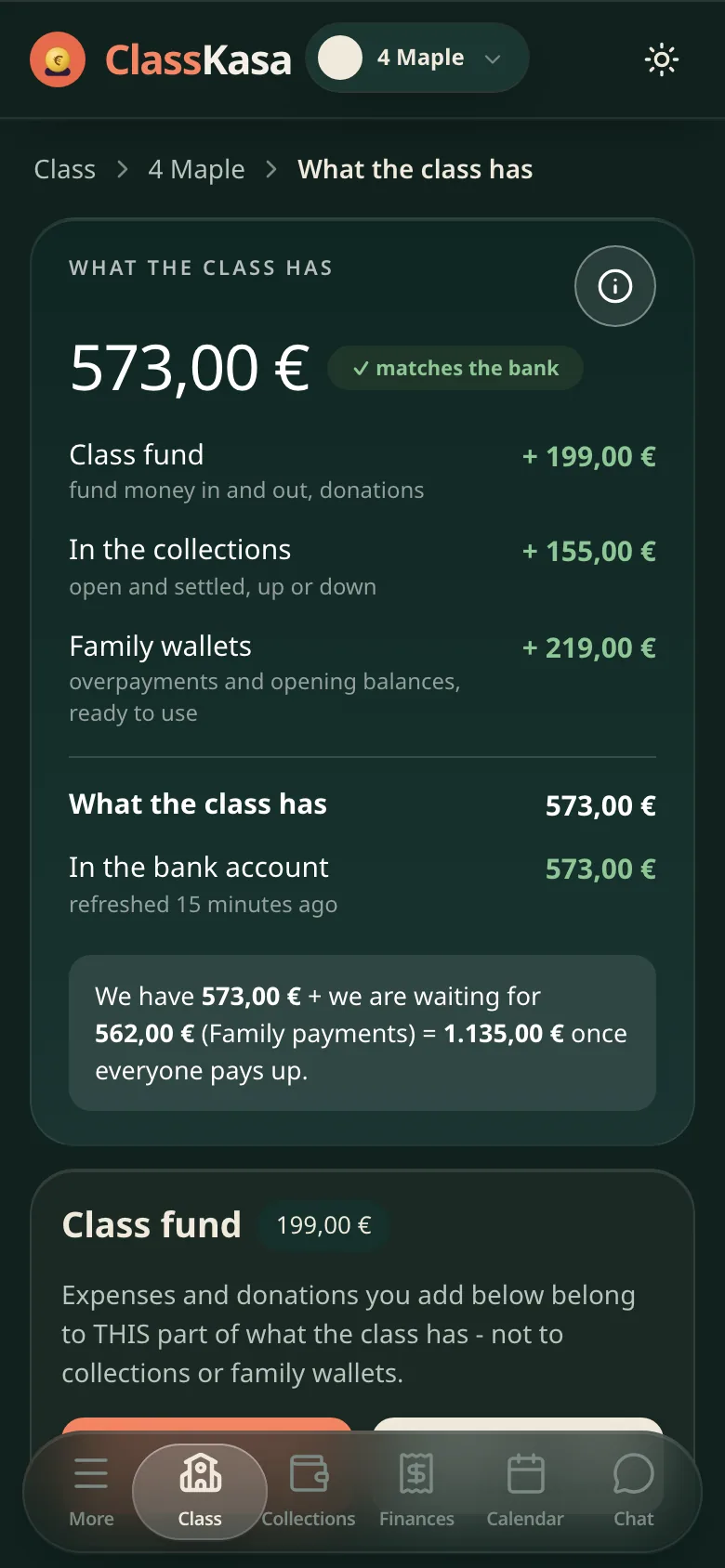 The class money in ClassKasa: the class wealth split into the fund, collection balances and family wallets, matched to the bank